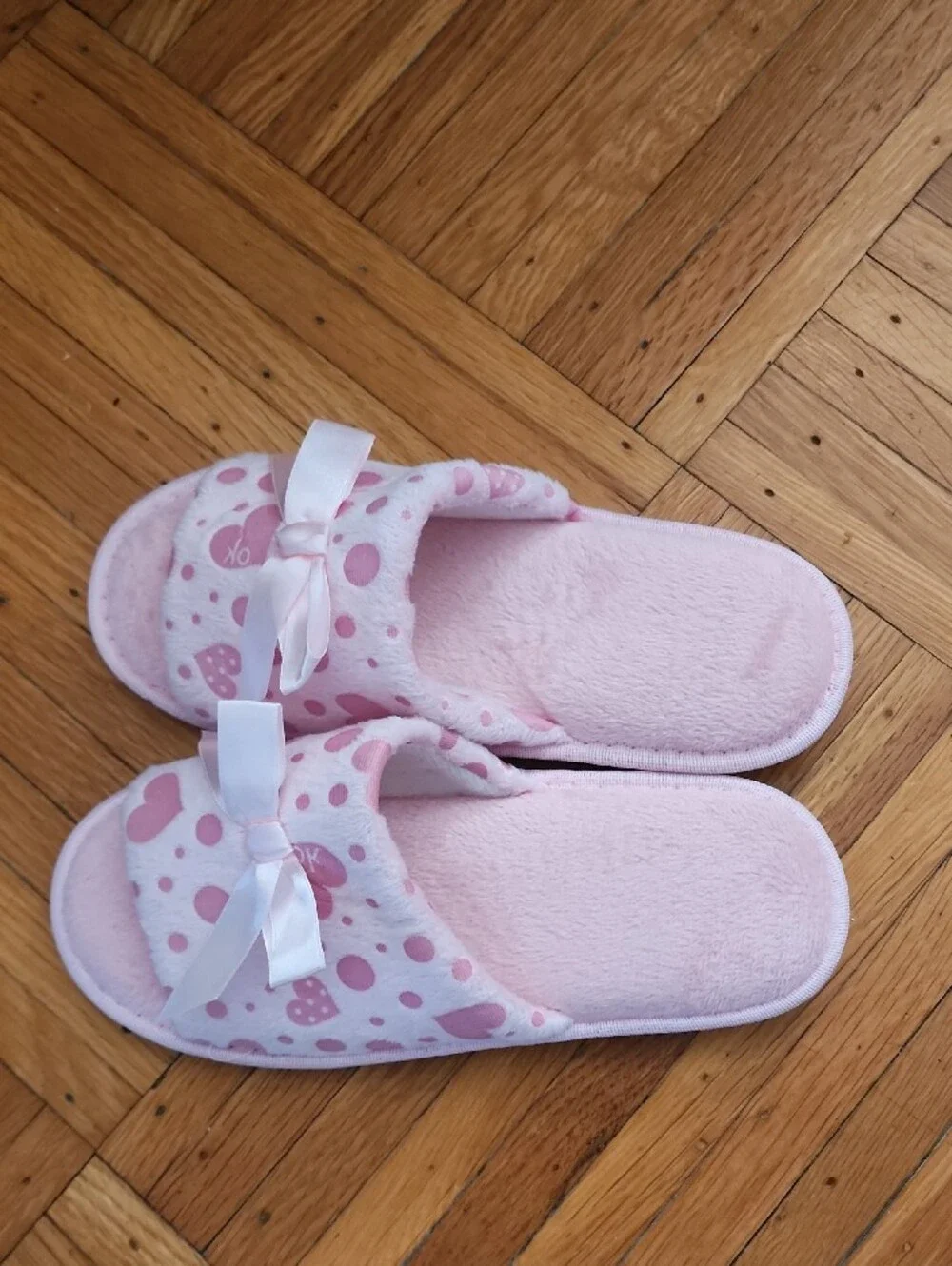 Pink Heart Polka Dot Plush Slippers with Bow